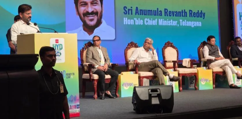 Telangana Chief Minister addressing the TOI HYD@25 conclave on stage
